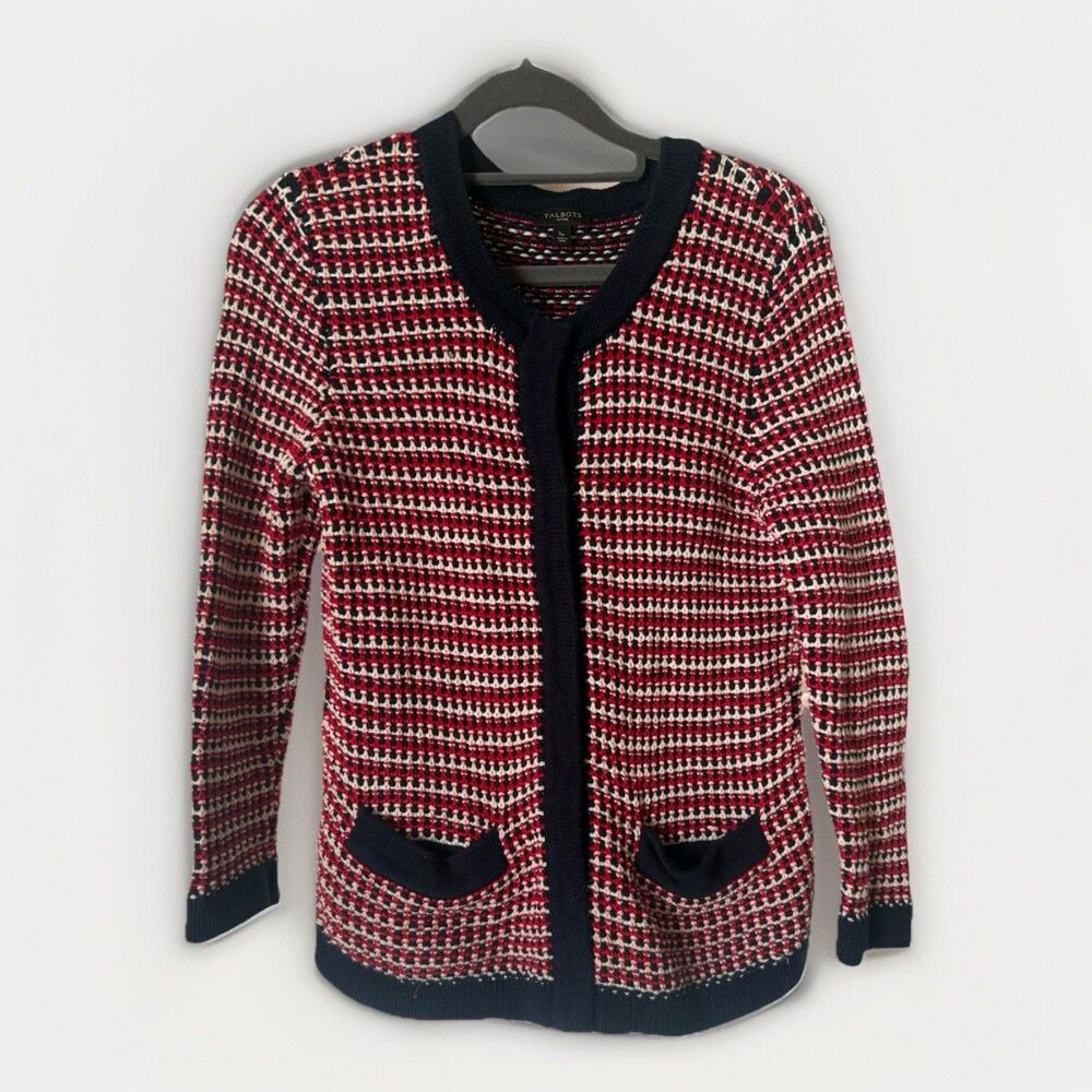 Talbots Petite Small Sweater Small 3/4 Sleeve cardigan Red Blue  Snap Heavy Knit